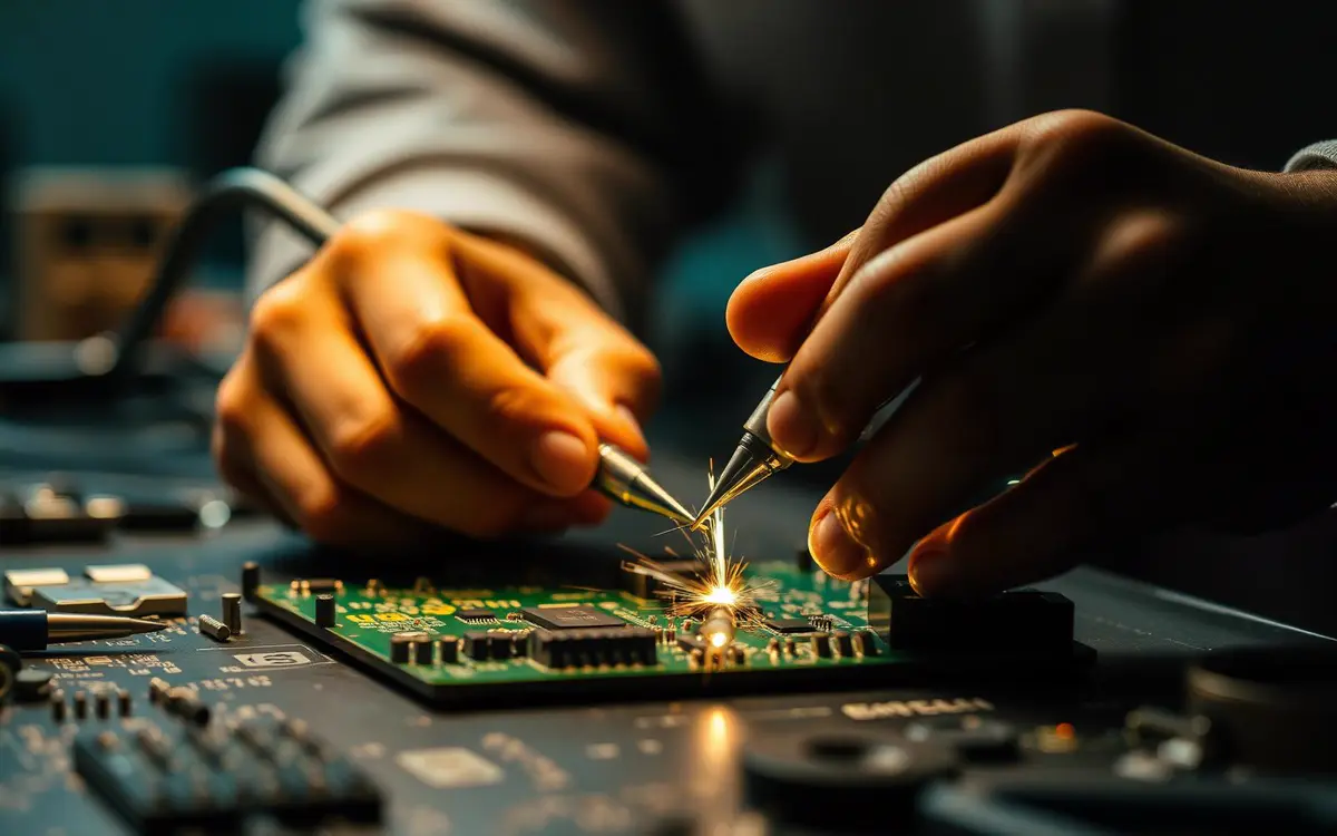 Manos reparando una placa electrónica